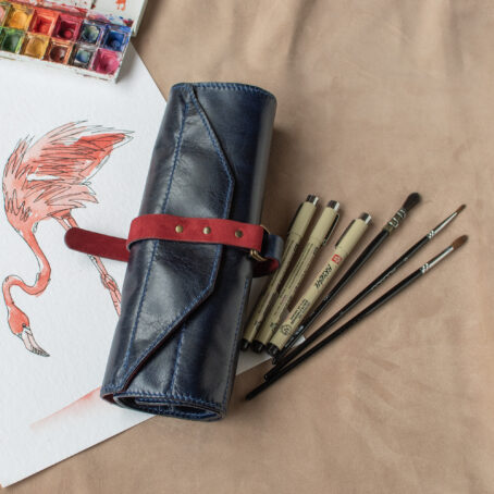 ARTIS Bleu-Rouge Pochette crayons/pinceaux en cuir